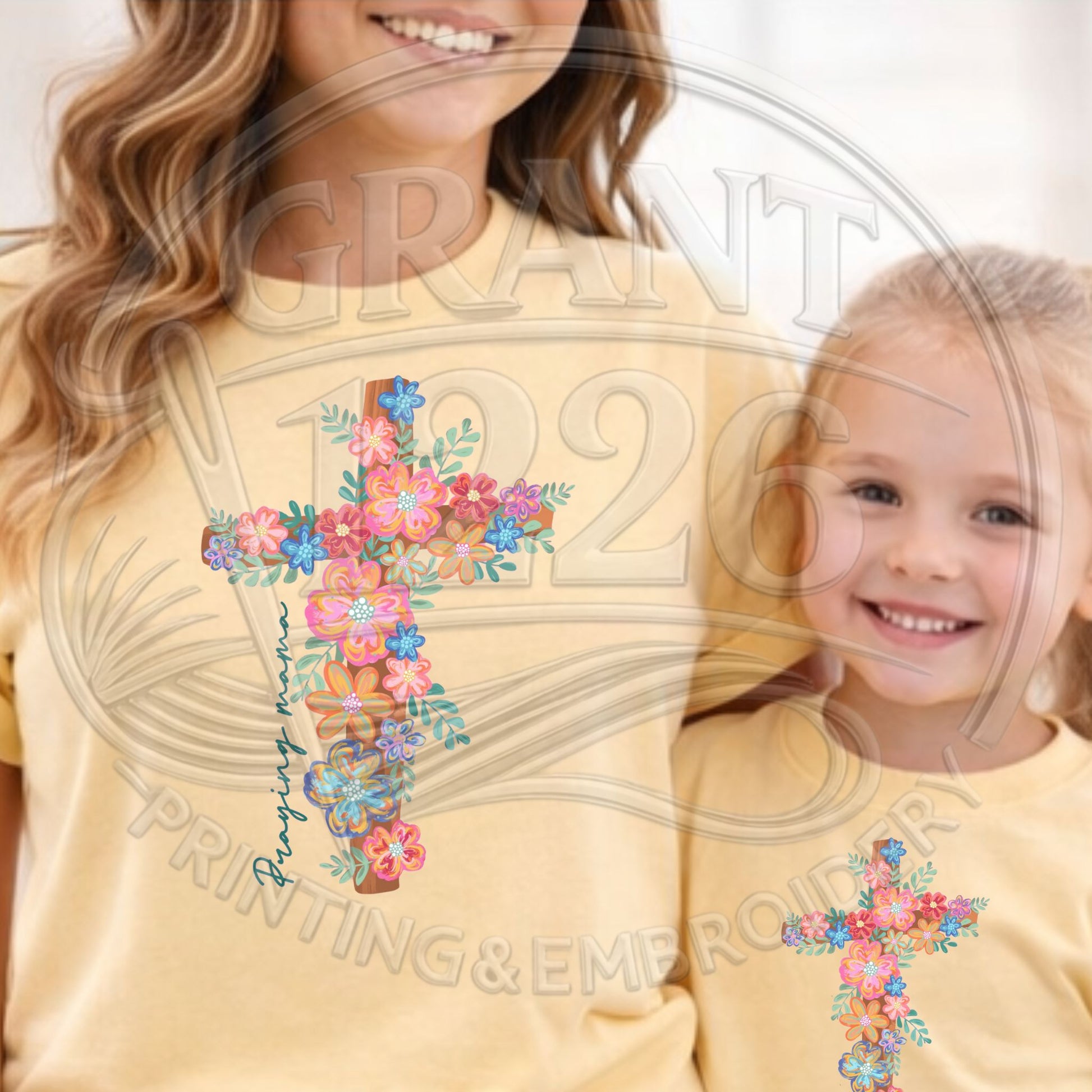Matching Praying Mama mommy and me shirts in butter pink