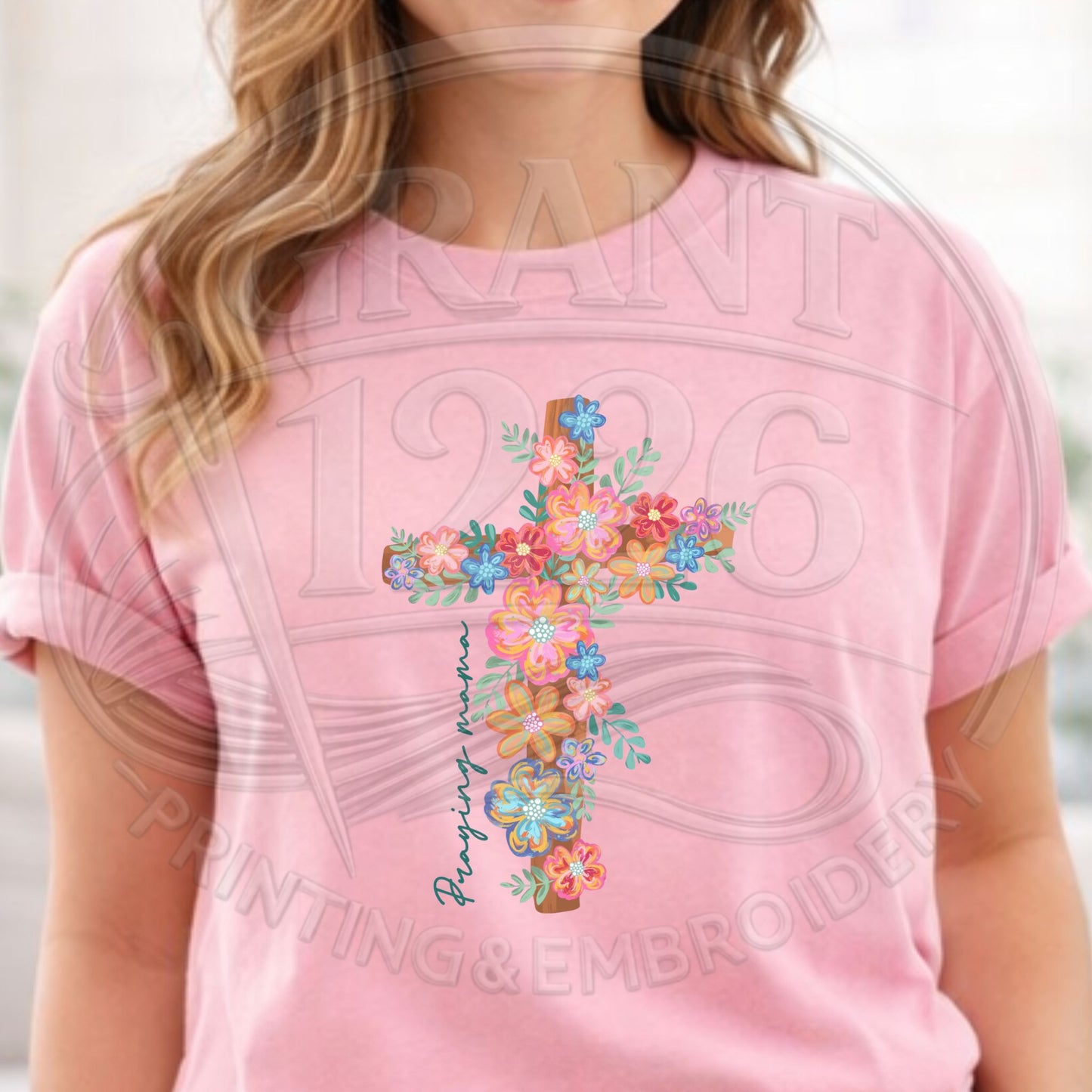 Praying Mama floral cross shirt on Comfort Colors 1717 blossom pink t-shirt 