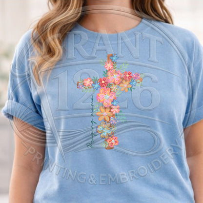 Praying Mama floral cross shirt on Comfort Colors 1717 chambray blue shirt 