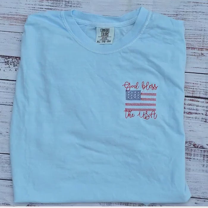Embroidered Cross Stitch, Patriotic top, God Bless the USA Shirt, Christian Fourth of July tshirt, American Flag Tee