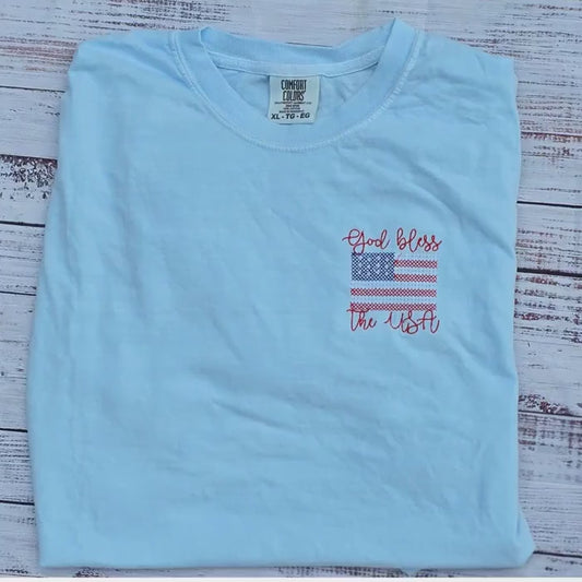 Embroidered Cross Stitch, Patriotic top, God Bless the USA Shirt, Christian Fourth of July tshirt, American Flag Tee