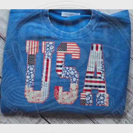 USA Applique Corded Sweatshirt, Patriotic Blue Oversized Crewneck, Fourth of July Shirt, Memorial Day Outfit