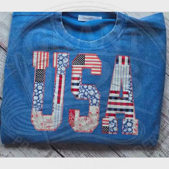 USA Applique Corded Sweatshirt, Patriotic Blue Oversized Crewneck, Fourth of July Shirt, Memorial Day Outfit