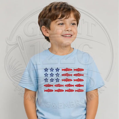 Toddler Patriotic Fish Shirt, Youth Embroidered American Flag Tee, Fourth of July Fishing wear for Kids