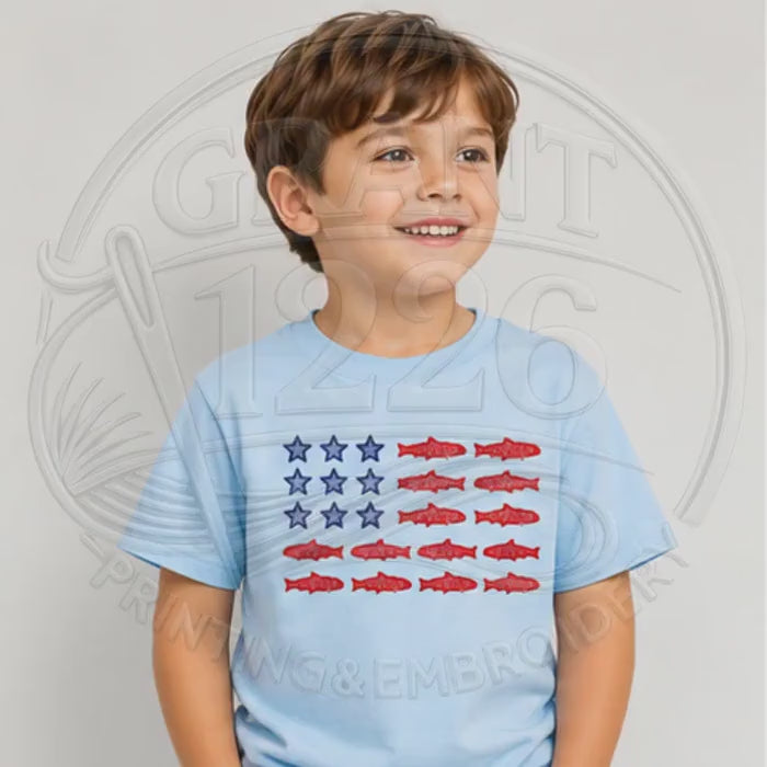 Toddler Patriotic Fish Shirt, Youth Embroidered American Flag Tee, Fourth of July Fishing wear for Kids
