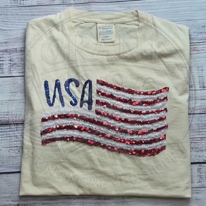 Patriotic Sequin USA Tank top, Comfort Colors Chambray Tee, American Flag Applique Shirt, Fourth of July Shirt Women