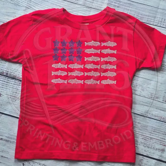 Kids Patriotic Fishing Shirt, Youth and Toddler Embroidered Fish Flag Tee, Fourth of July top