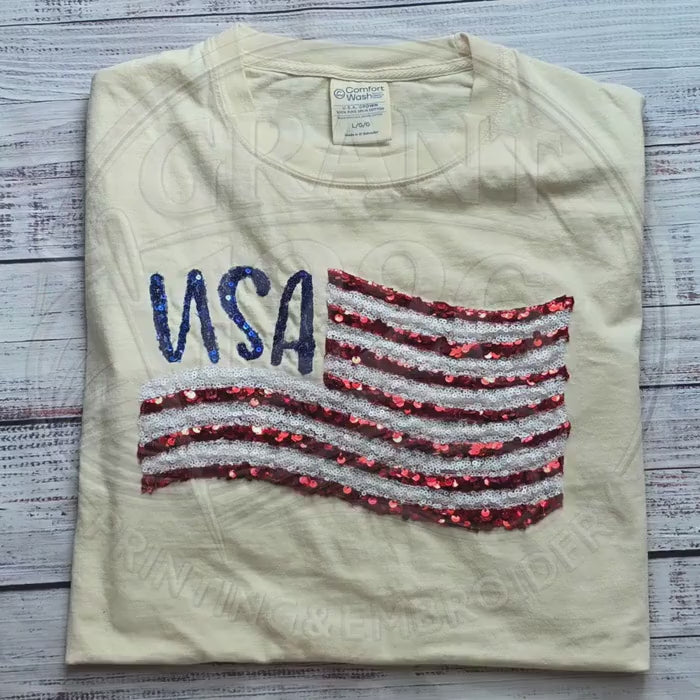 Ivory USA Sequin Flag Shirt, Patriotic Tank, July 4th Independence Day, Sequin Embroidery
