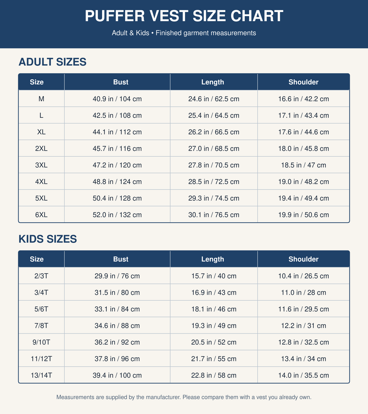 Adult and kids puffer vest size chart with bust, length, and shoulder measurements