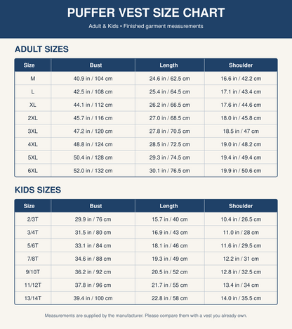 Adult and kids puffer vest size chart with bust, length, and shoulder measurements