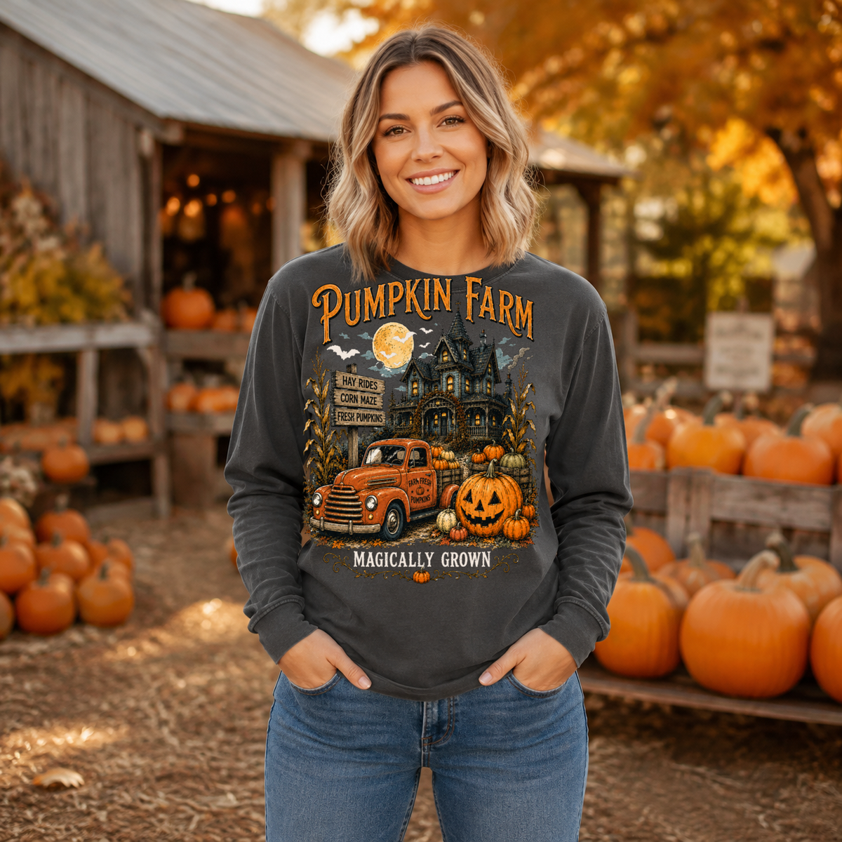 Pepper Comfort Colors long sleeve Pumpkin Farm Halloween shirt in an autumn pumpkin patch setting