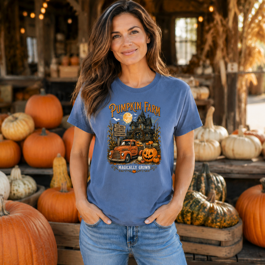 Blue Jean Comfort Colors short sleeve Pumpkin Farm Halloween shirt with haunted house, vintage truck and jack o lantern graphic