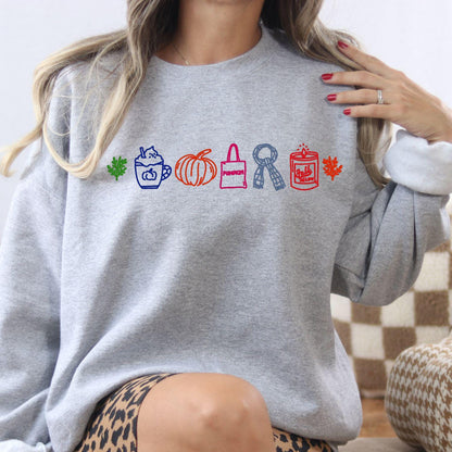 Sport gray colorful fall icons embroidered sweatshirt modeled indoors