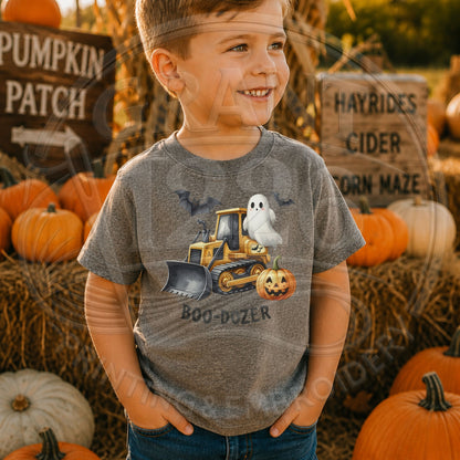 Toddler wearing Coyote Brown Boo-Dozer Halloween bulldozer shirt at pumpkin patch