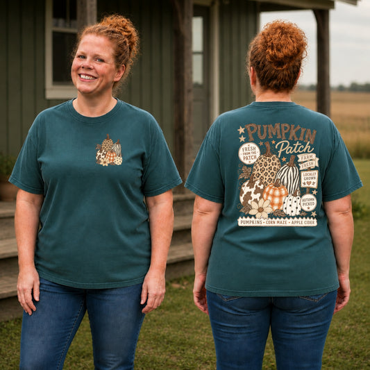Blue Spruce Comfort Colors fall T-shirt with pumpkin left-chest design and large Pumpkin Patch back print.