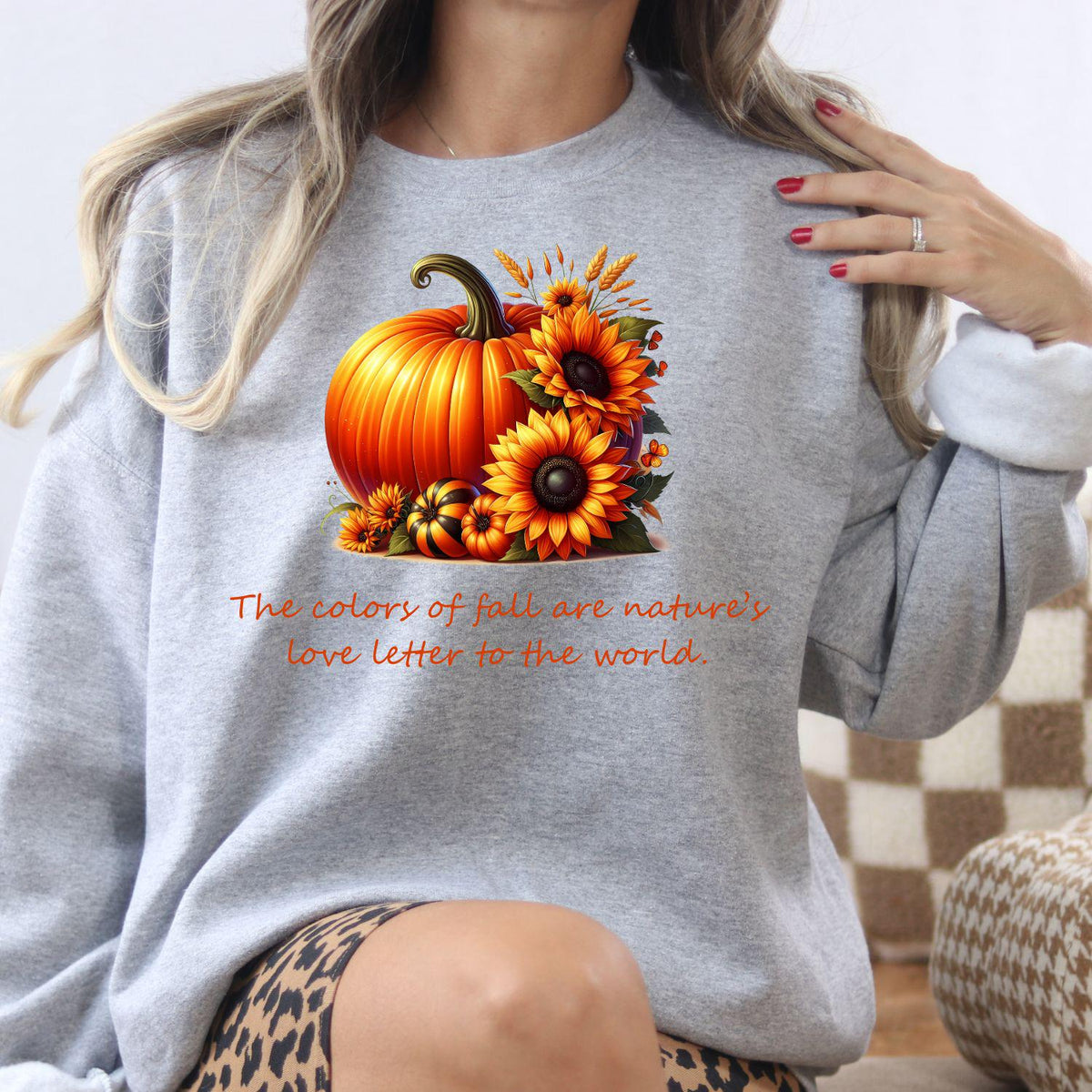 Sport gray fall pumpkin sunflower graphic sweatshirt modeled indoors