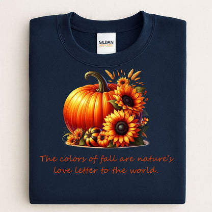 Navy sweatshirt with a pumpkin sunflower fall graphic folded flat