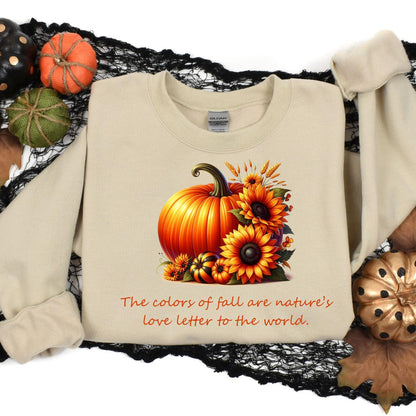 Sand pumpkin sunflower sweatshirt styled with fall pumpkins and black lace