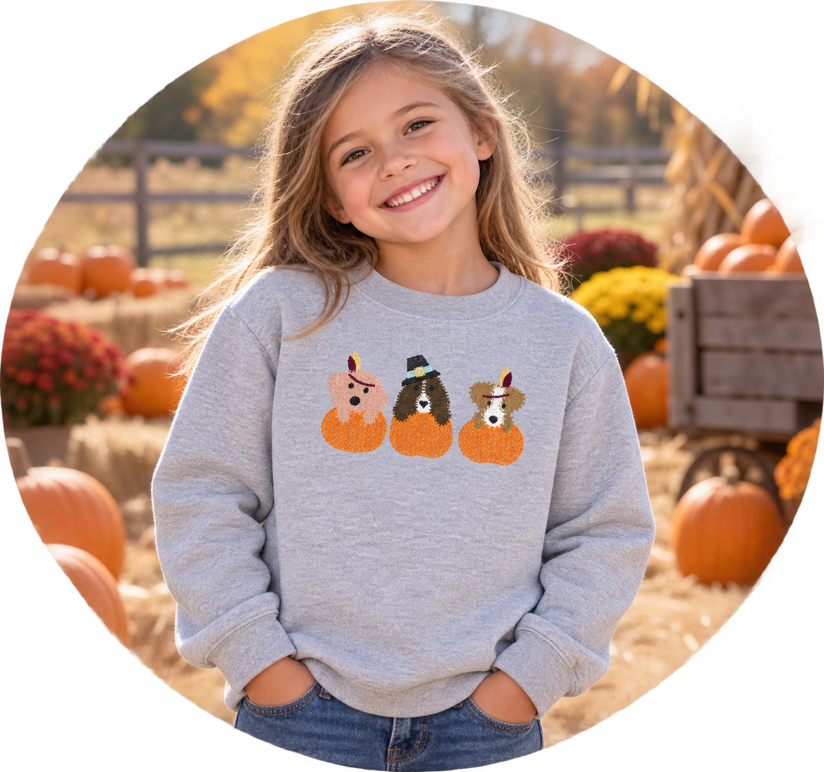 Youth Sport Grey Puppy Thanksgiving sketch embroidered sweatshirt