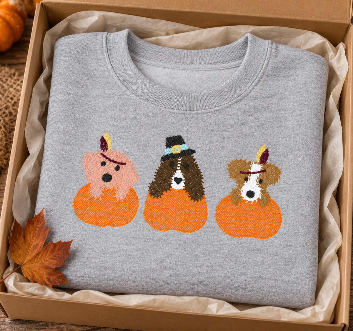 Gift-ready Puppy Thanksgiving sketch embroidered Sport Grey sweatshirt