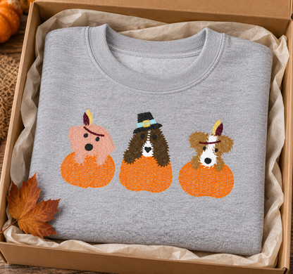 Gift-ready Puppy Thanksgiving sketch embroidered Sport Grey sweatshirt