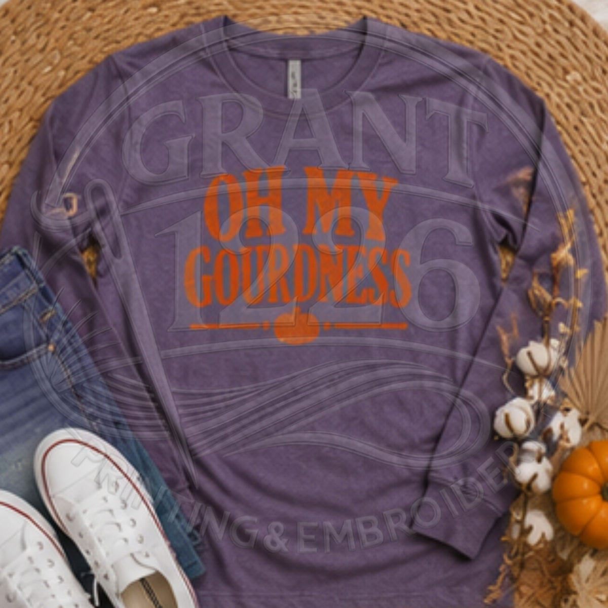 Purple Oh My Gourdness long sleeve fall shirt with orange pumpkin graphic