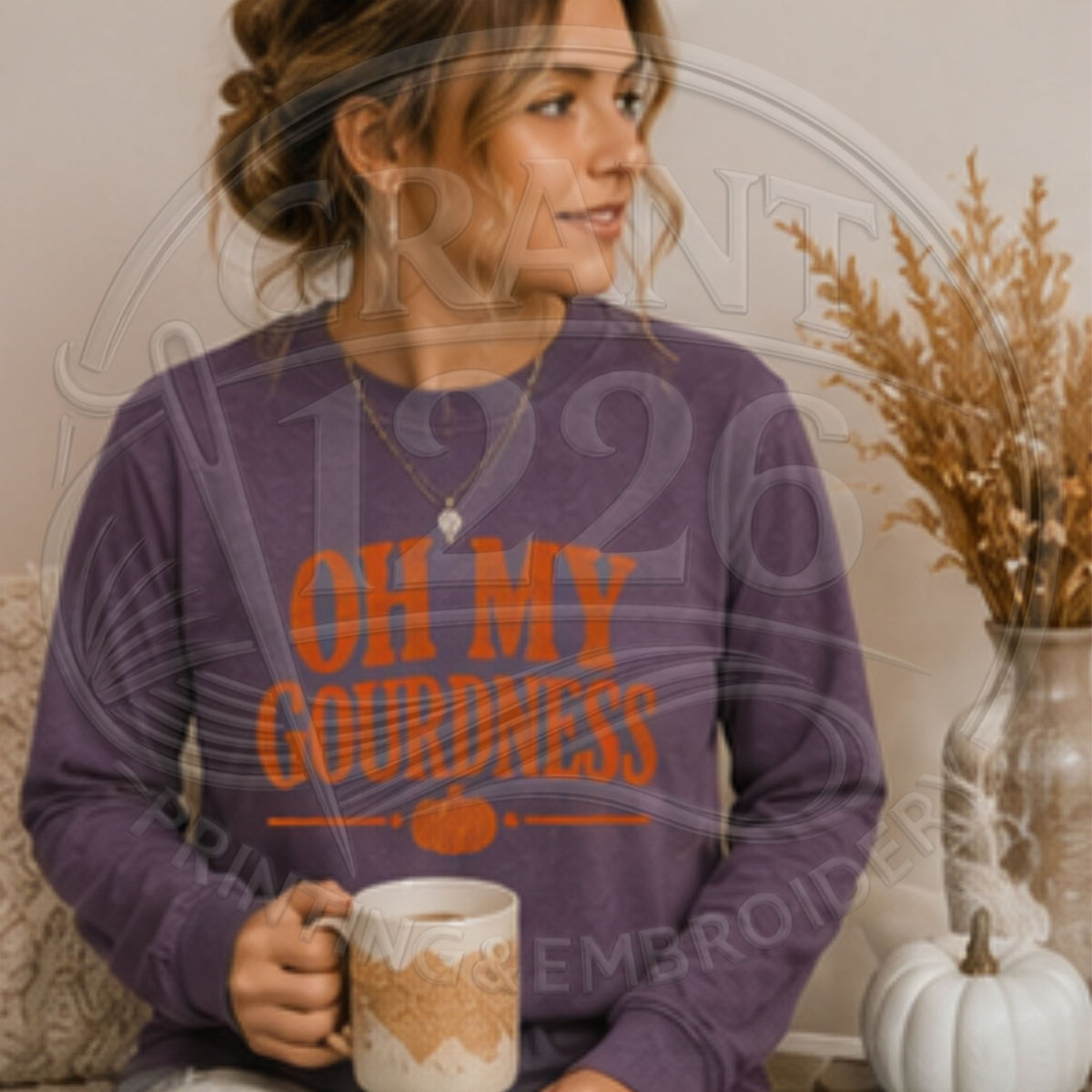 Woman wearing purple Oh My Gourdness Comfort Colors autumn long sleeve shirt