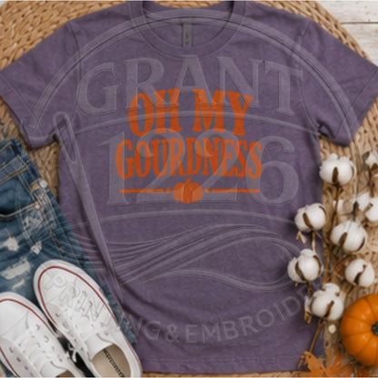 Purple Oh My Gourdness pumpkin T-shirt with burnt orange fall graphic