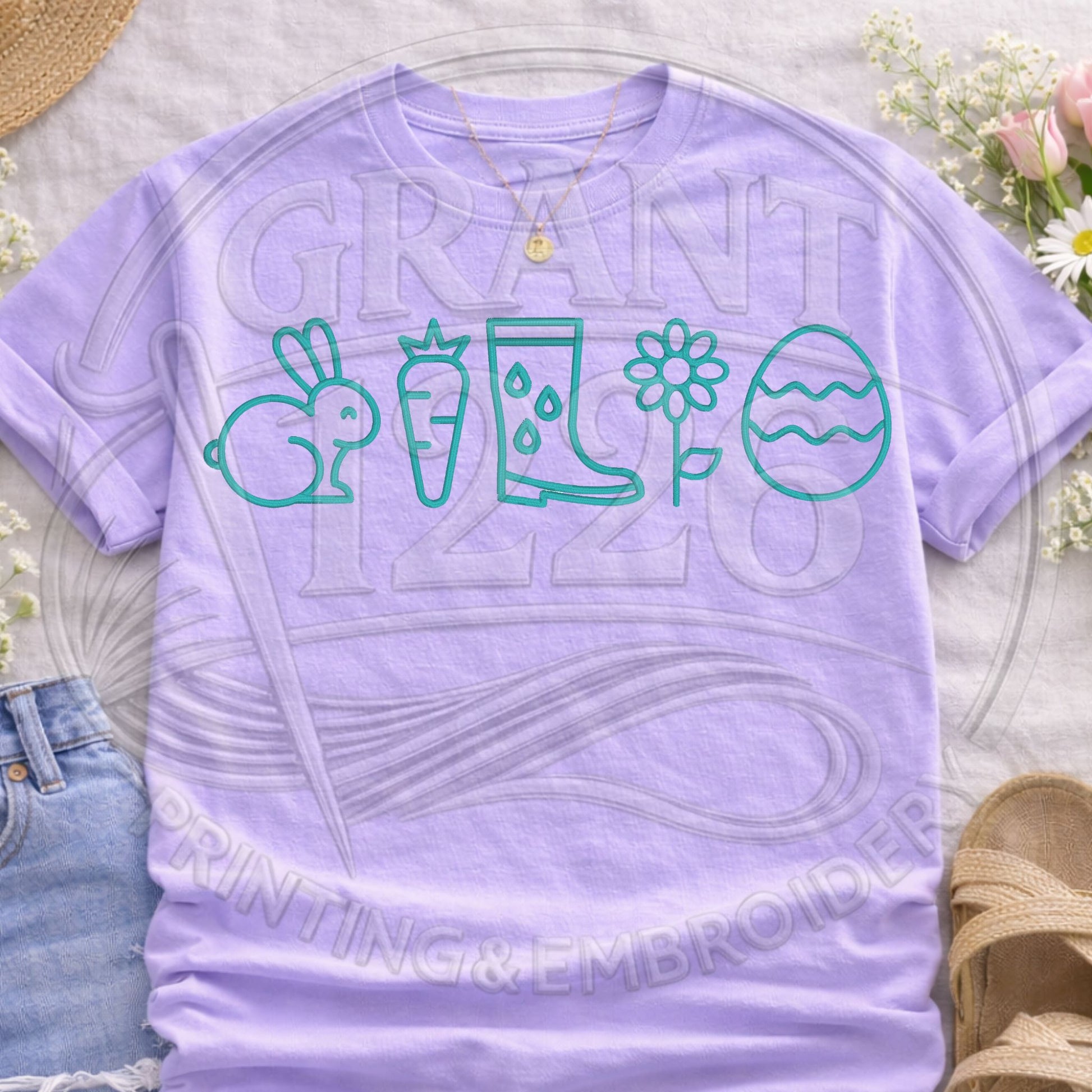 Purple pastel spring icons embroidered t-shirt
