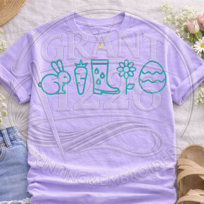 Purple pastel spring icons embroidered t-shirt