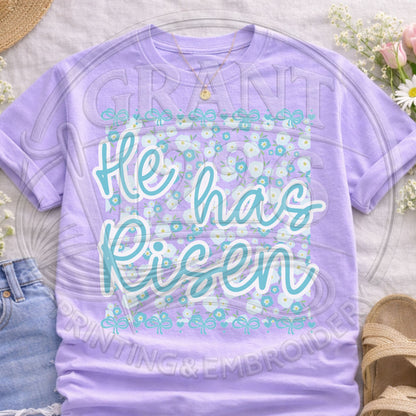 Purple floral “He Has Risen” Easter shirt