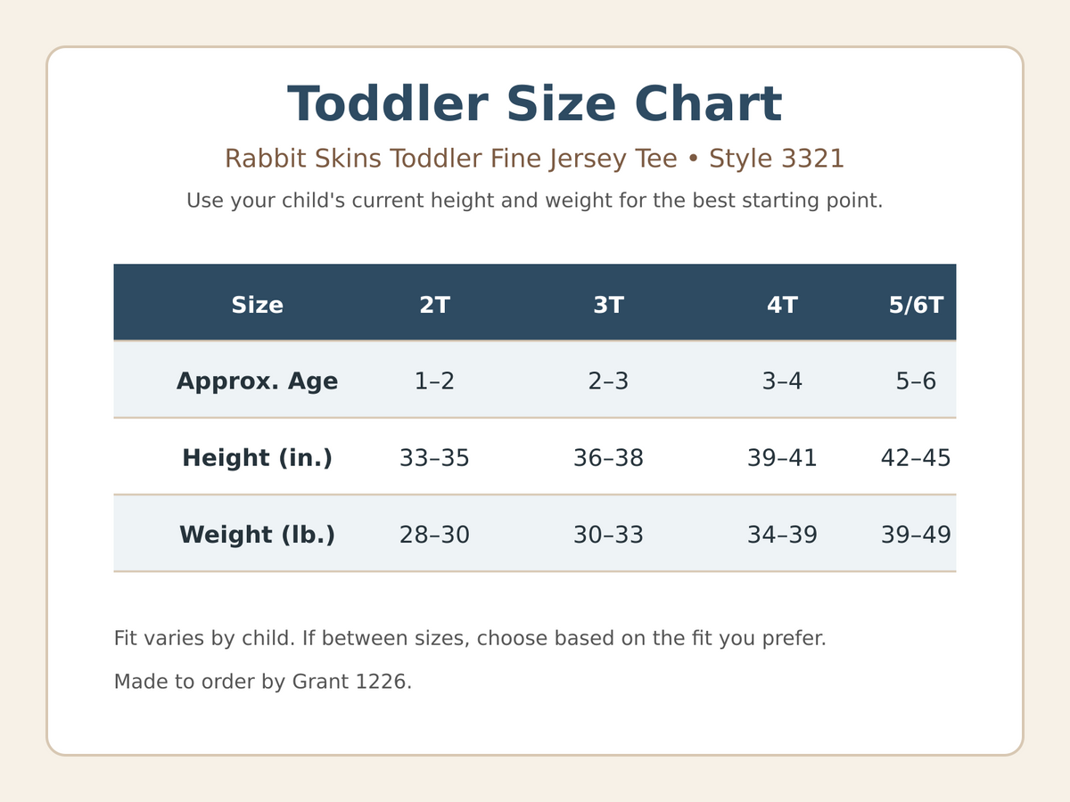 Rabbit Skins 3321 toddler T-shirt size chart for 2T through 5/6T