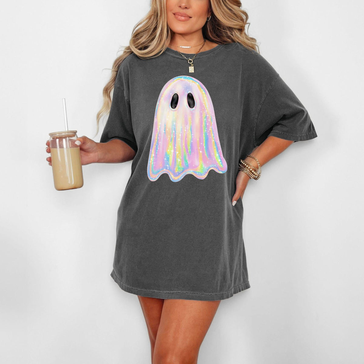 Woman standing with iced drink in charcoal rainbow pastel ghost T-shirt