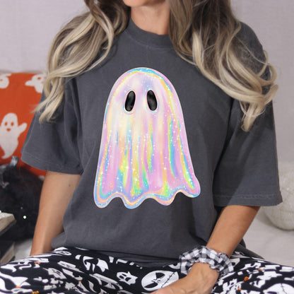 Front lifestyle view of charcoal T-shirt with colorful pastel ghost design