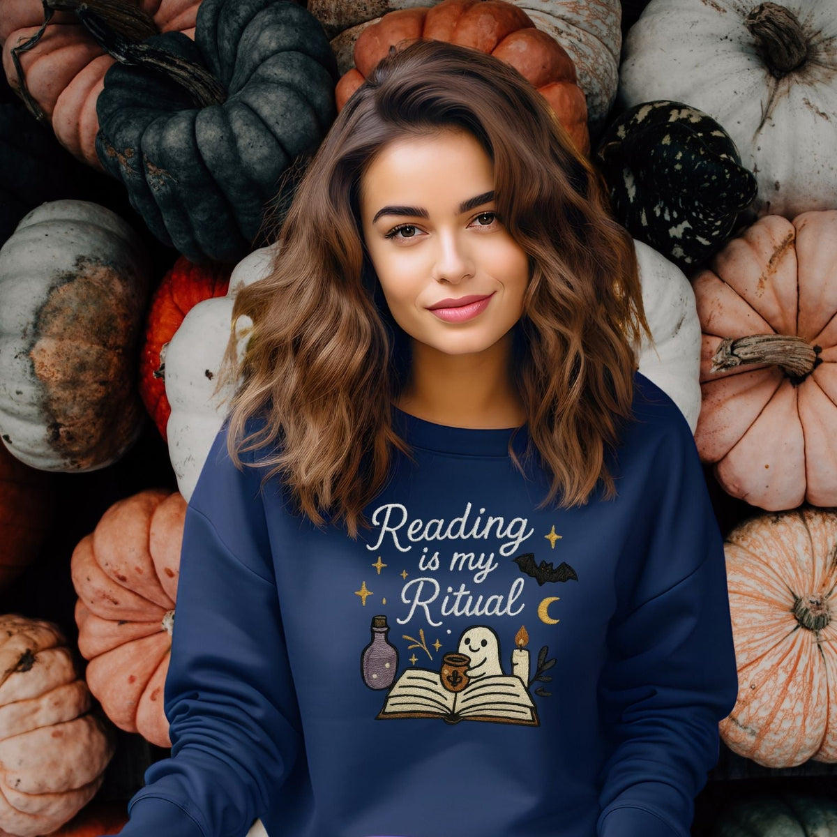 Reading Is My Ritual embroidered navy sweatshirt styled at a pumpkin patch