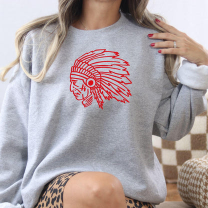 Sport gray headdress mascot embroidered sweatshirt modeled indoors