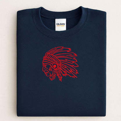 Navy sweatshirt with a red embroidered headdress mascot folded for a front view