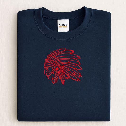 Navy sweatshirt with a red embroidered headdress mascot folded for a front view