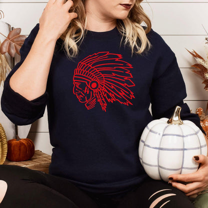 Navy headdress mascot sweatshirt modeled while holding a white pumpkin