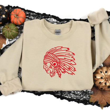 Sand headdress mascot crewneck styled with fall pumpkins and black lace
