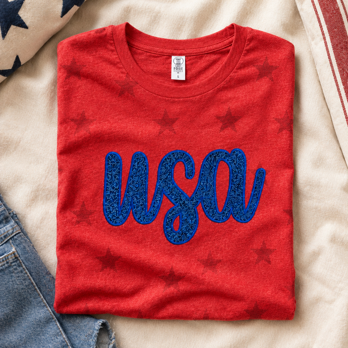 Red patriotic star tee with blue glitter USA appliqué