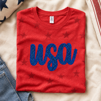 Red patriotic star tee with blue glitter USA appliqué