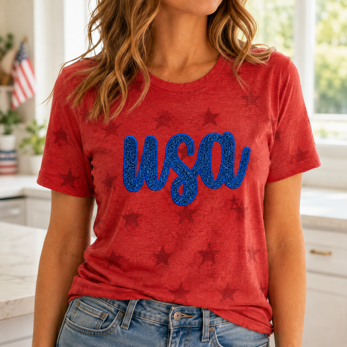 Red Star glitter USA shirt with embroidered appliqué border