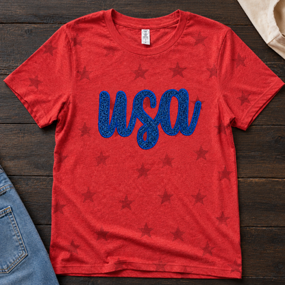 Red star-pattern embroidered glitter USA patriotic T-shirt