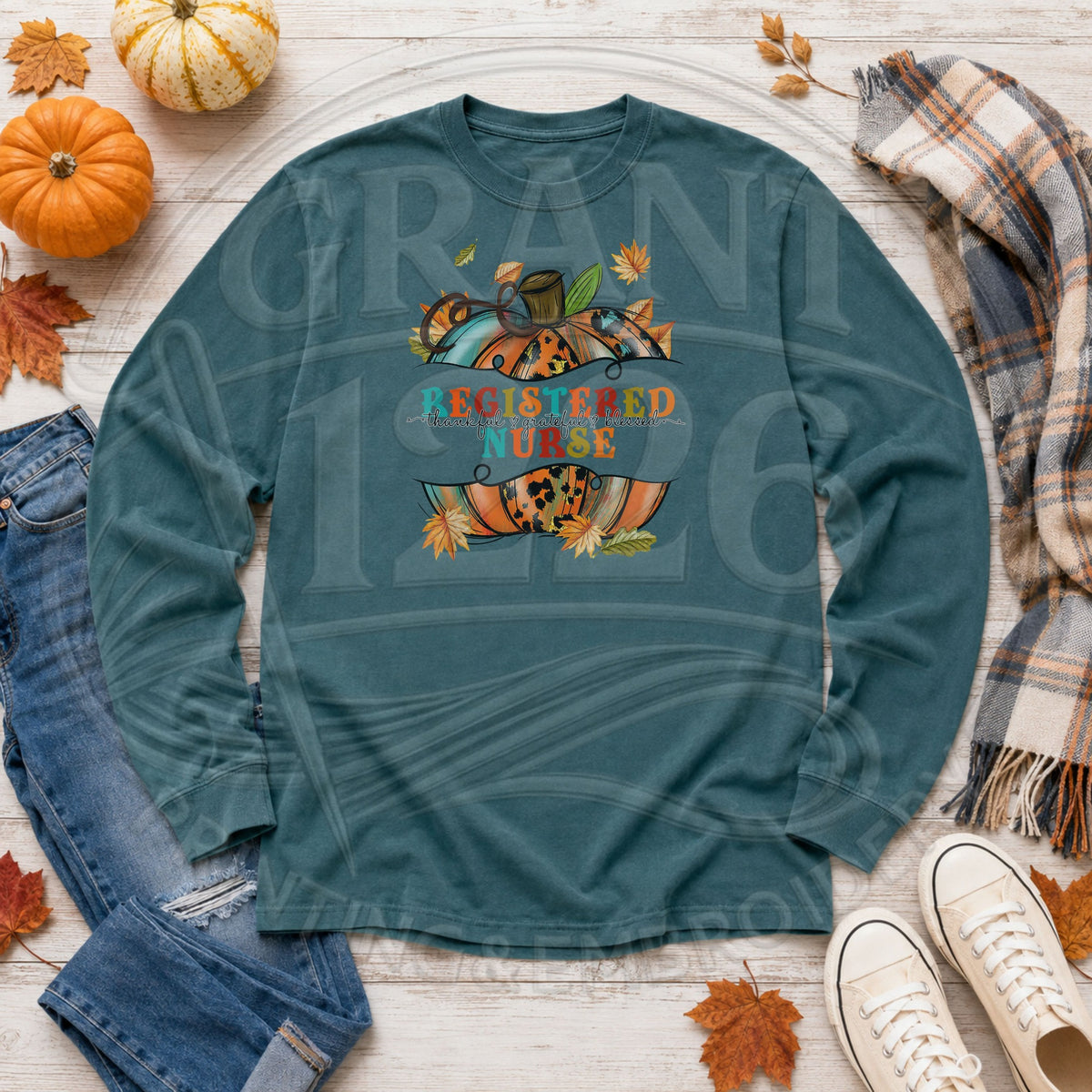 Blue Spruce Comfort Colors long sleeve Registered Nurse fall pumpkin shirt flat lay