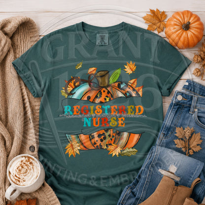 Blue Spruce Comfort Colors short sleeve Registered Nurse fall pumpkin shirt flat lay