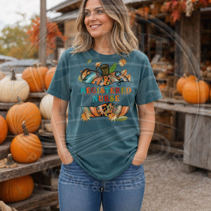 Blue Spruce Comfort Colors short sleeve Registered Nurse fall pumpkin shirt on model