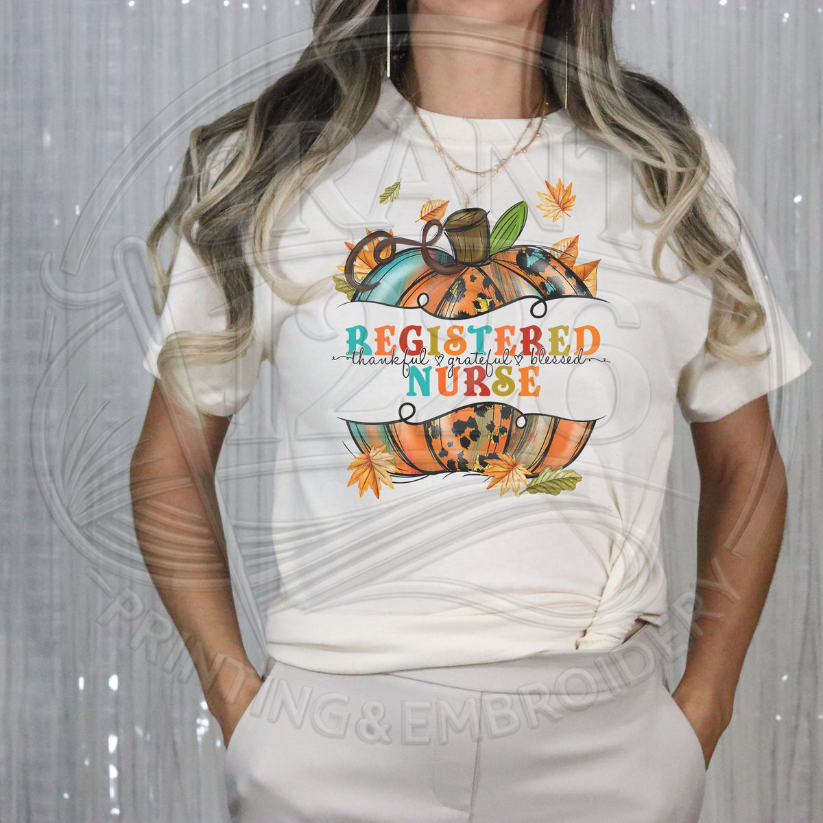 Ivory Comfort Colors short sleeve Registered Nurse fall pumpkin shirt lifestyle view