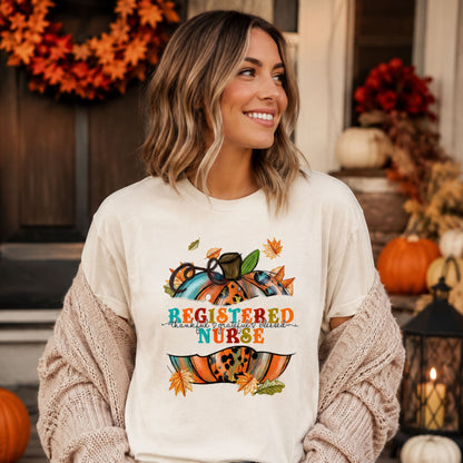 Ivory Comfort Colors short sleeve Registered Nurse fall pumpkin shirt on model