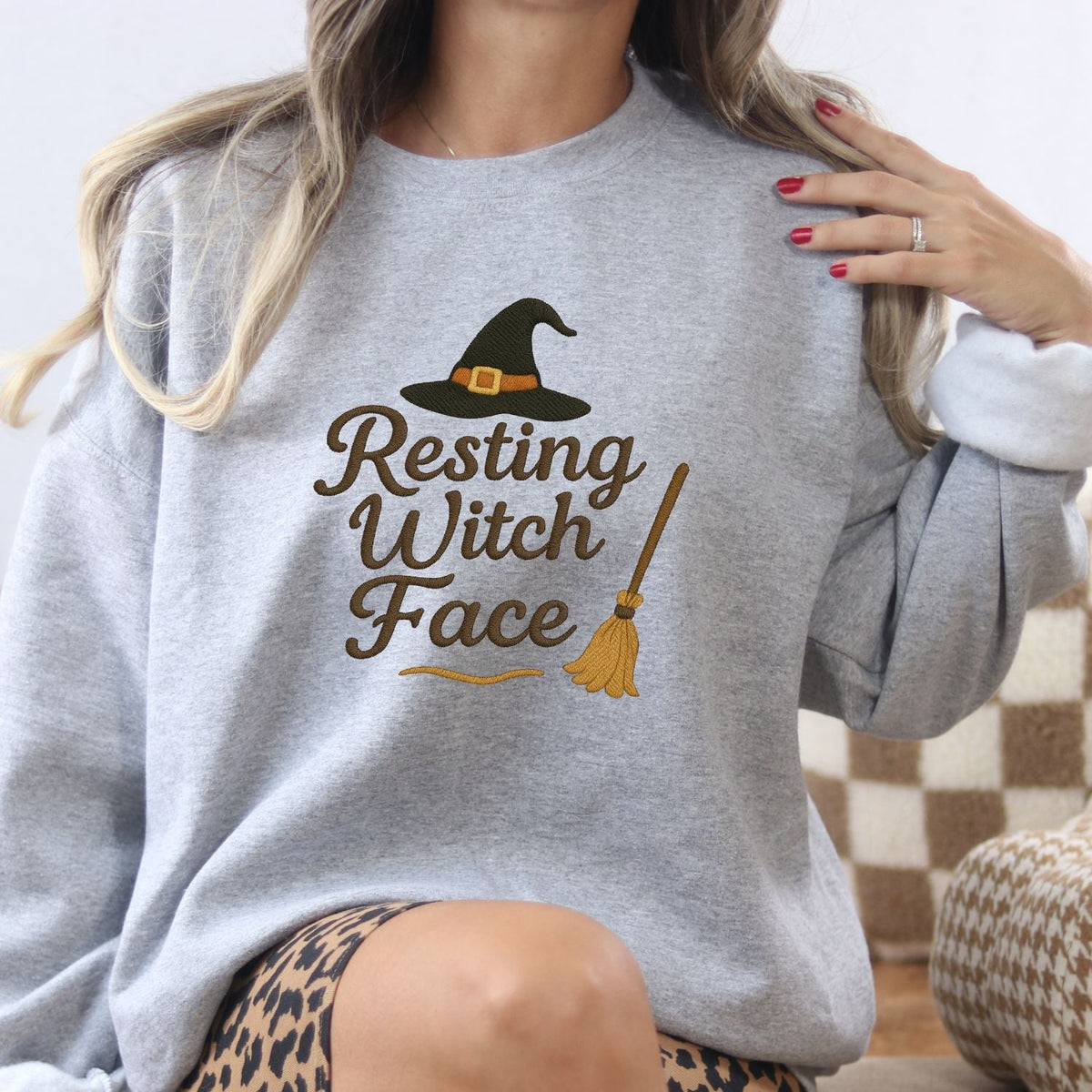 Ash Gildan crewneck with Resting Witch Face embroidered witch design